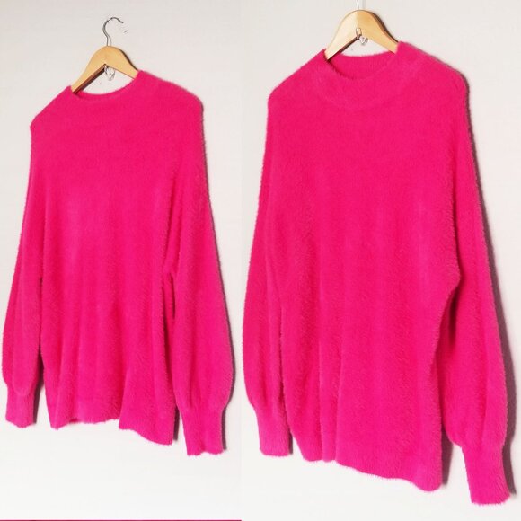 Chico's Sweaters - Chico's Fuchsia Pink Eyelash Faux Fur Mock Neck Ballon Sleeve Sweater XL SOFT